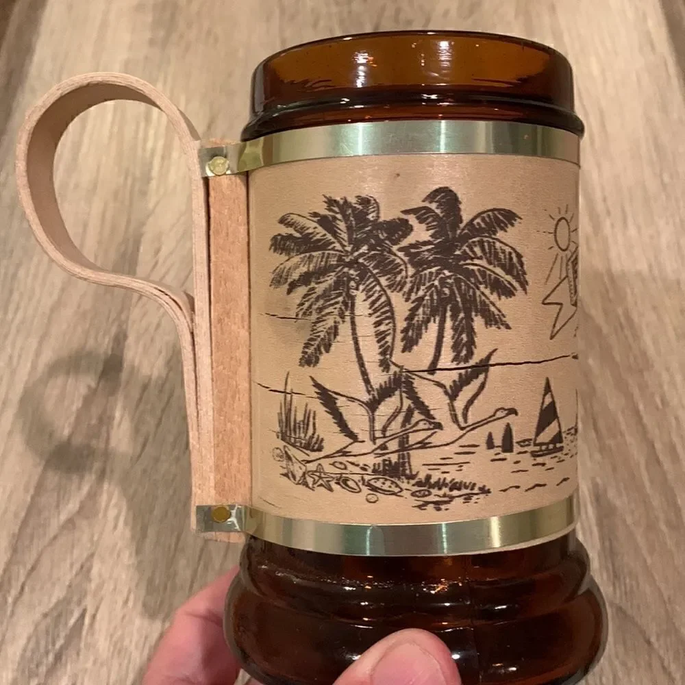 Vintage Florida Mug‎ Sun Destination Brown Amber Glass & Wood Beer Mug